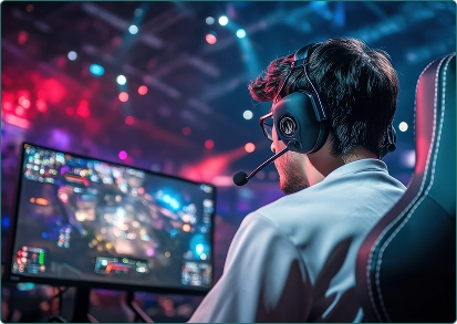 Het team van e-sporters zit achter de computers en neemt deel aan het toernooi.