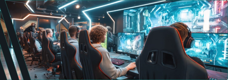 Een lichte ruimte met computers en gamers achter de schermen.