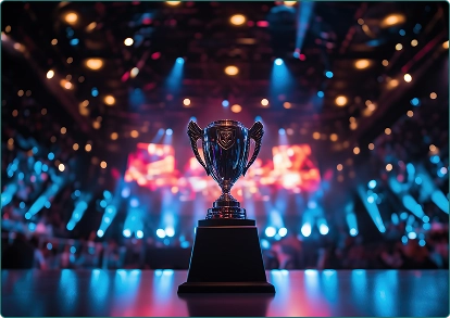 De grote gouden beker staat op de achtergrond van een grote arena met felle schijnwerpers.