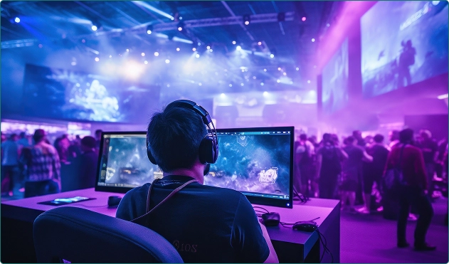 Een man zit met zijn rug naar ons toe achter de computer en speelt een spel.