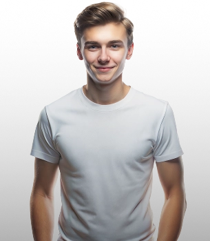 Een jonge man met een wit T-shirt en licht haar staat met zijn handen in zijn zakken.