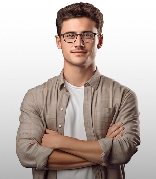 Een donkerharige jongen staat met zijn armen over elkaar op zijn borst, met een bril op.