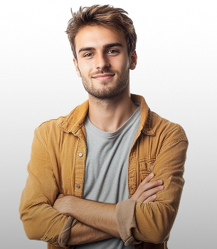 De jongen met het gele shirt en het blonde haar staat met zijn armen over elkaar op zijn borst.