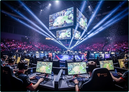 Grote zaal met schermen aan het plafond, veel mensen kijken naar e-sporters.