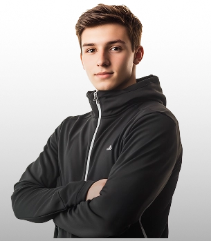 Een jongen met donker haar in een sportieve zwarte jas staat met zijn armen over elkaar op zijn borst.