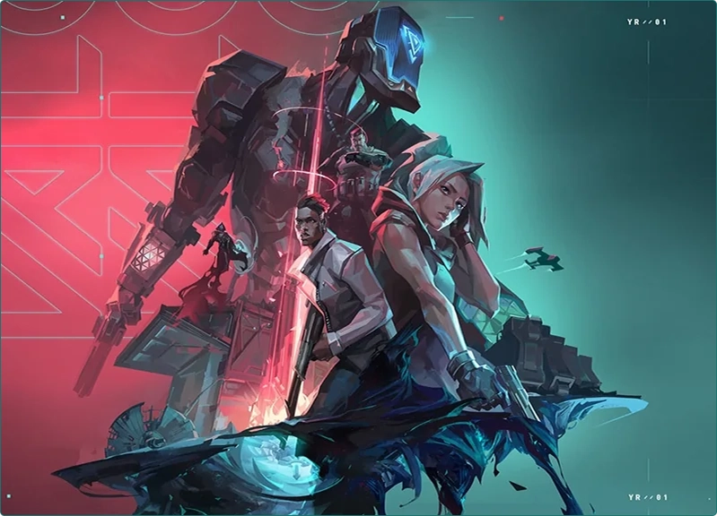 De personages uit het spel Valorant staan op een roodgroene achtergrond.